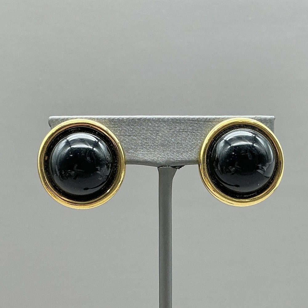 Earrings Gold Tone Black Round Stud Womens Clip On Button Bold Jewelry 1‎ Inch